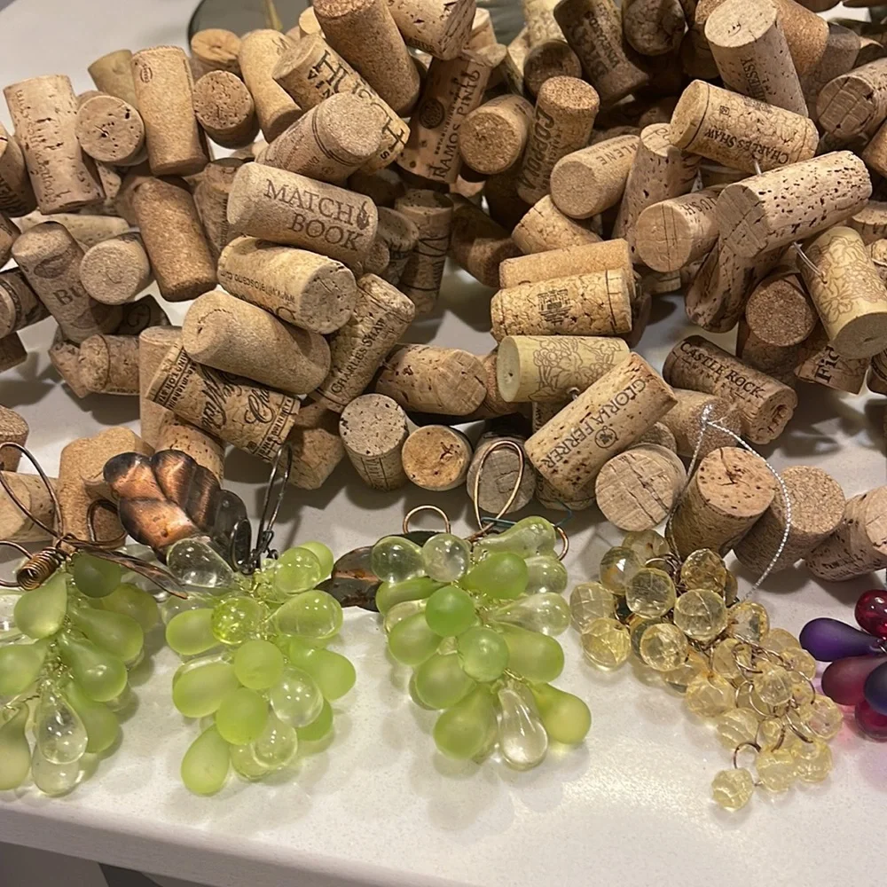 Wine Cork Garland and 8 glass grape leaves ornaments.